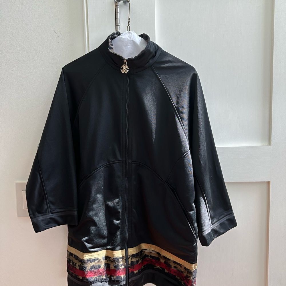 Roberto Cavalli, black red and gold zip up three-quarter sleeve jacket